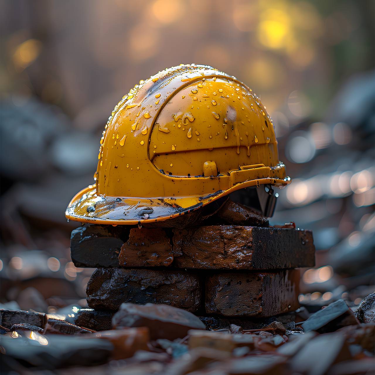 Gul bygg hjälm som ligger på en sten i regnet