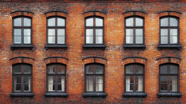 Foto på en gammal tegelbyggnad som behöver renovera sina fönster i Stockholm